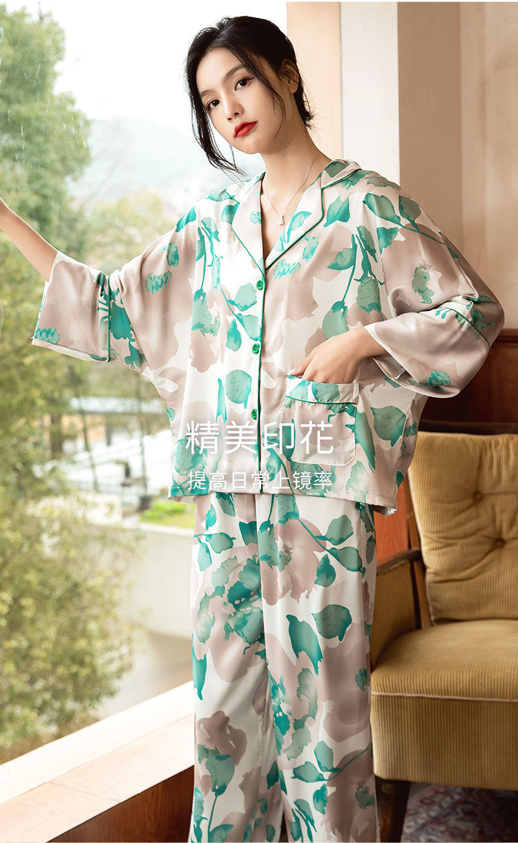 Satin Pajamas Set Spring Summer Home Suit with Pant Women's Print Pijama Suit Silk Pijama Set Sleepwear for Female Pyjamas