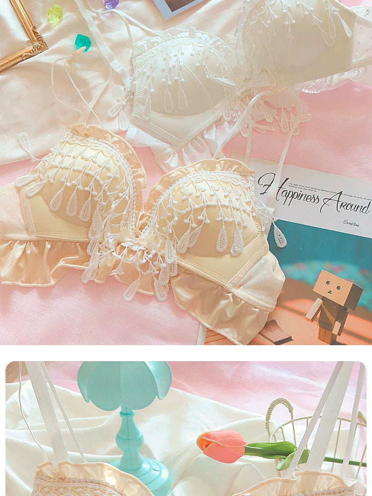 Teenage girl bra sweet cute small breast bras lace tassel princess wind lingerie large size push up women underwear