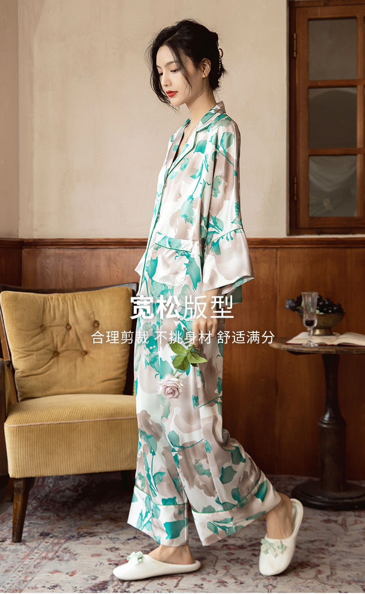 Satin Pajamas Set Spring Summer Home Suit with Pant Women's Print Pijama Suit Silk Pijama Set Sleepwear for Female Pyjamas