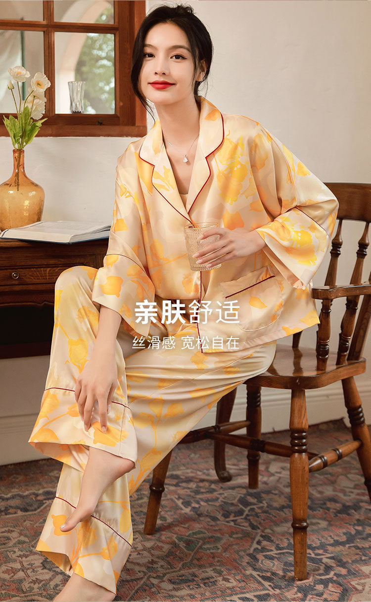 Satin Pajamas Set Spring Summer Home Suit with Pant Women's Print Pijama Suit Silk Pijama Set Sleepwear for Female Pyjamas