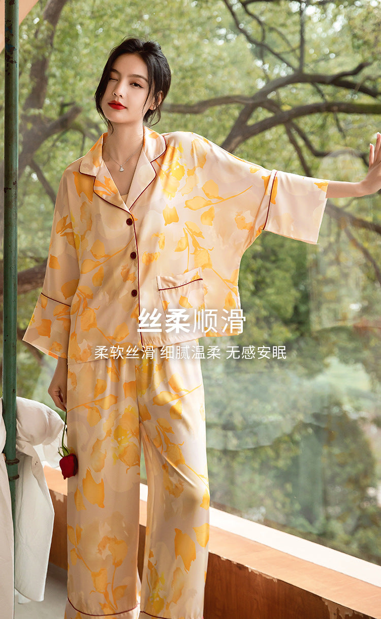 Satin Pajamas Set Spring Summer Home Suit with Pant Women's Print Pijama Suit Silk Pijama Set Sleepwear for Female Pyjamas