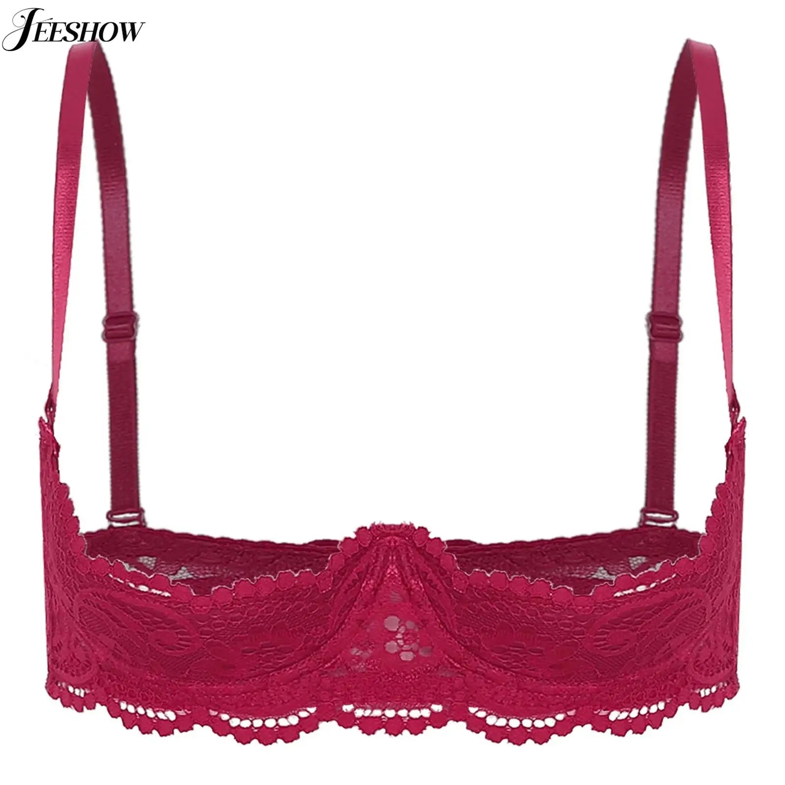Womens Floral Lace 1/4 Cup Bra Adjustable Spaghetti Straps Push Up Underwired Self Bra Babydoll Lingerie Top Balconette Bras