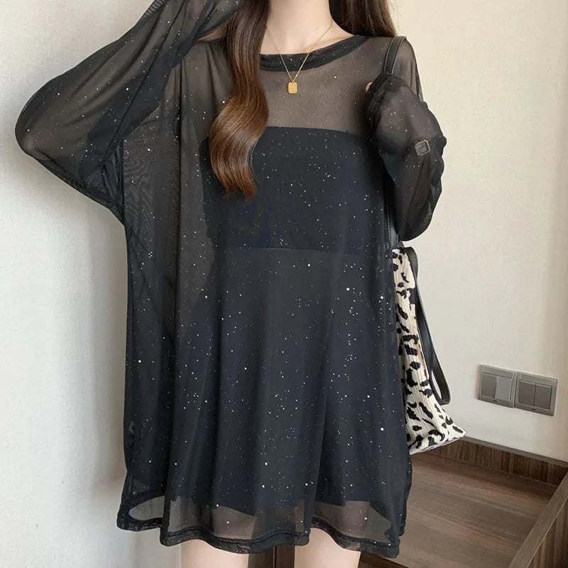 Black Sexy See Through Sheer T-Shirts Women Luxury Sequin Thin Ice Silk Long Sleeve T Shirt Summer Breathable Sun-Proof Tops