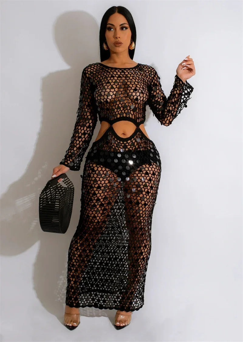 Sexy Party Dresses Sequined Crochet Knitted Beach Dress for Women Summer See-through Cover Up Bodycon Maxi Dress Vacation Club