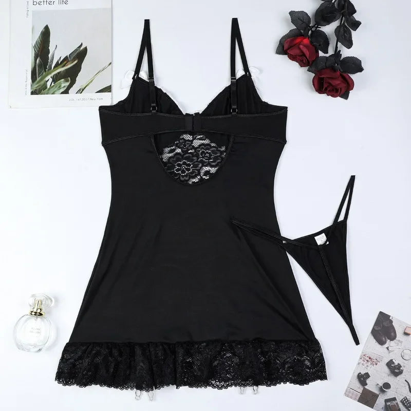 Floral Lace Babydolls Hot Sexy Lingerie Sets Women Transparent Embroidery Bow Exotic Chemises Night Dress with Thong Sex Outfit