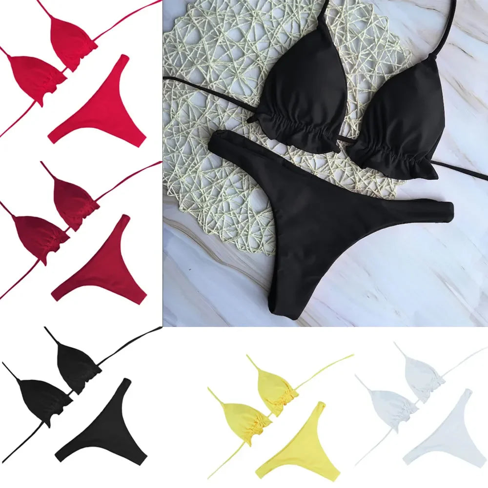 Summer Brazilian Bikini Set Women Sexy Bandage Top Thong Bottom 2 Pieces Set Push-up Swimwear Lace Up Swimsuit Beachwear