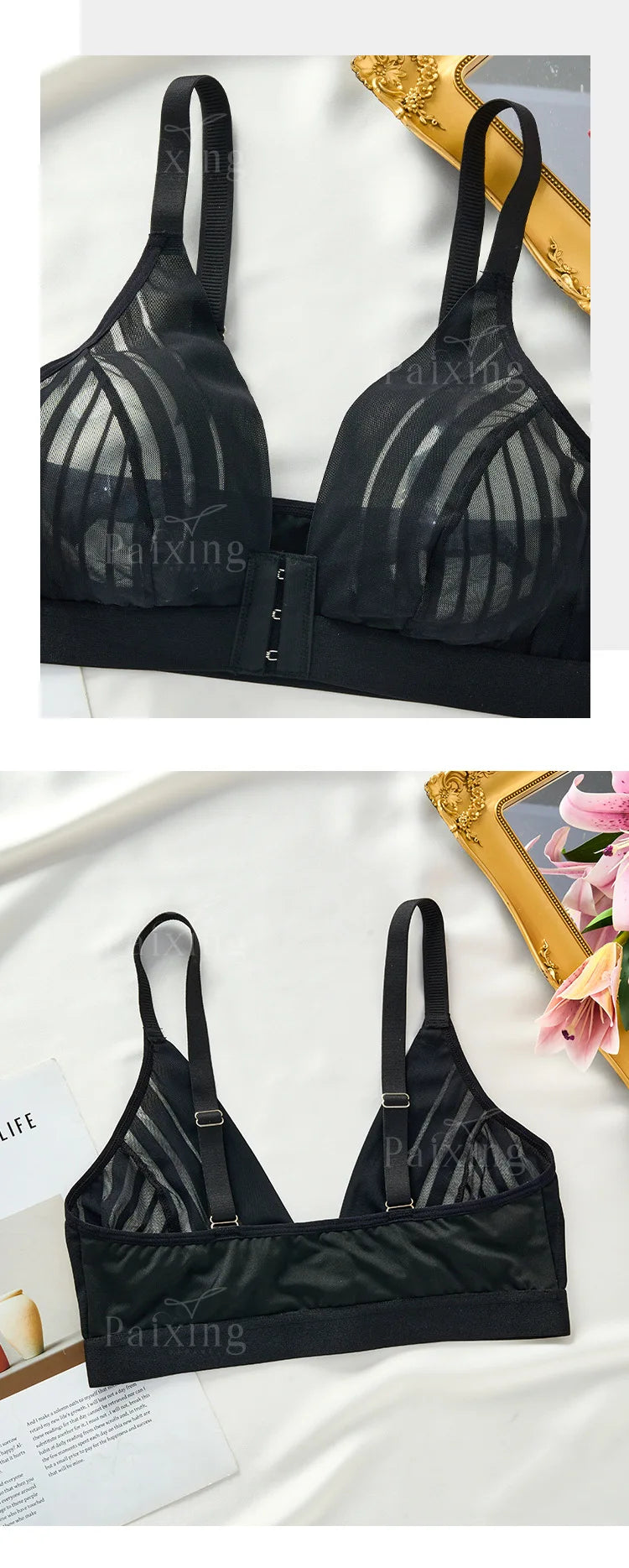 Striped lace front button side fold up lingerie plus French style sexy strapless wire free women's bra