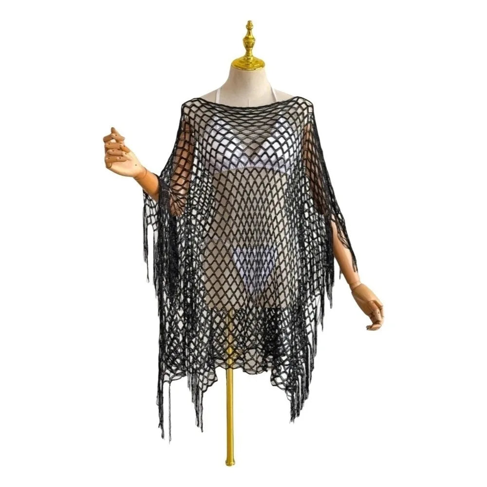 Fashion Tassel Sunscreen Cover-up Loose Fit Plus Size Bohemian Shawl Casual Crochet Fishnet Swimsuit Cover Up Summer