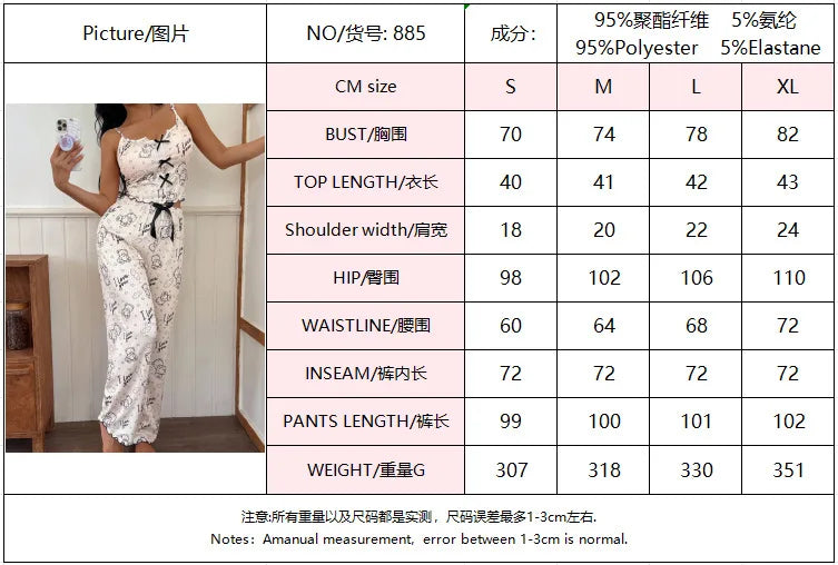 Women's Pajamas Set Sleepwear Bear Printed 2 PCS with Flirty Frill Trim Casual Cami Top and Long pants Sets Loungewear Soft