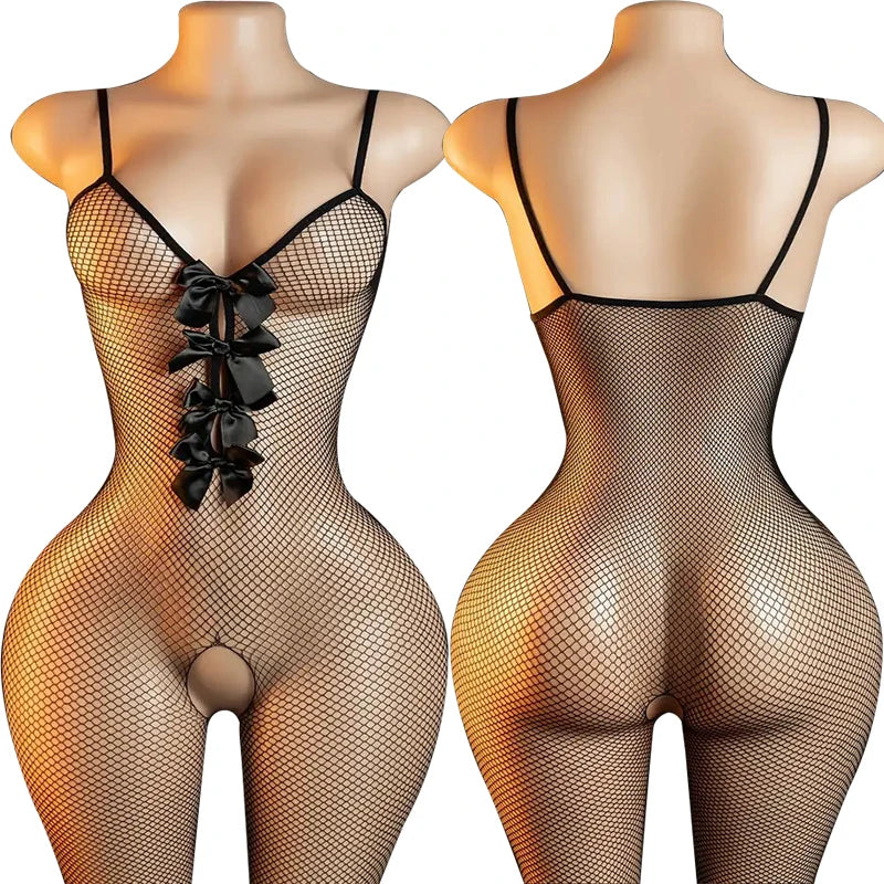 Sexy Crotchless Lingerie Full Sleeve Bodystockings Mesh Transparent Babydolls Underwear Erotic Fishnet Hollow Baby Dolls Dresses