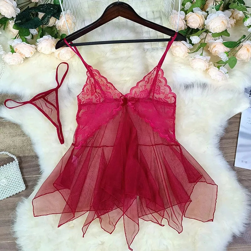 Sexy Lingerie Night Dress For Female Transparent Babydoll Nightwear With G-string Underwear Lace Sleepwear Women's Lingerie Set