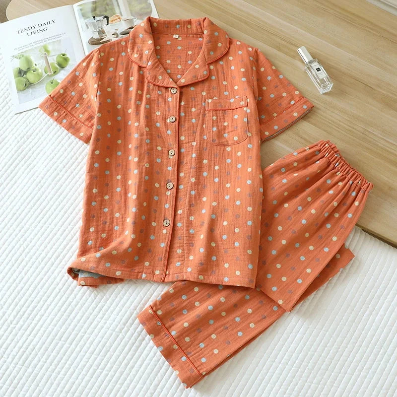Summer Pijama Cotton Pajamas Set Middle Aged Mother Women 2 Piece Set Outfit Jacquard Home Wear Trousers Short Sleeve Sleepwear