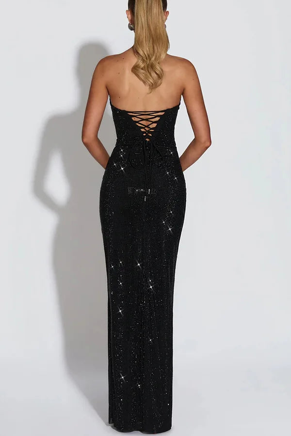 Sexy Socialite Sequin Tube Top Evening Dress Folds Low Cut Backless Leace-up Package Hip Slim Party Dresses Banquet Vestidos
