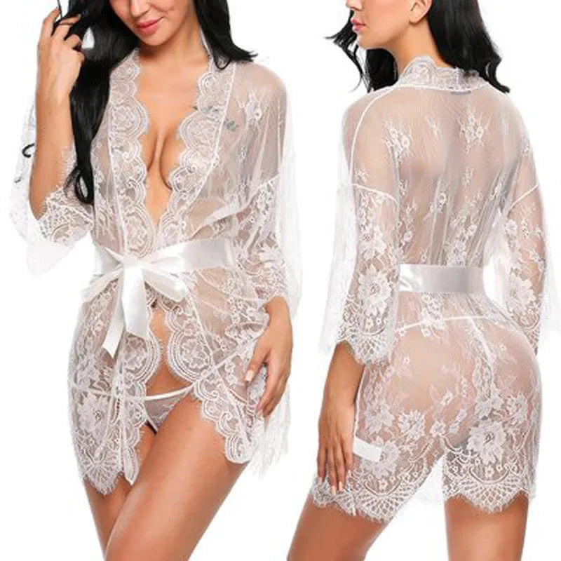 Porno Women Sexy Lingerie Dress Transparent V-Neck Nightwear Lace Babydoll Erotic Sleepwear Robe G-string Sex Costume