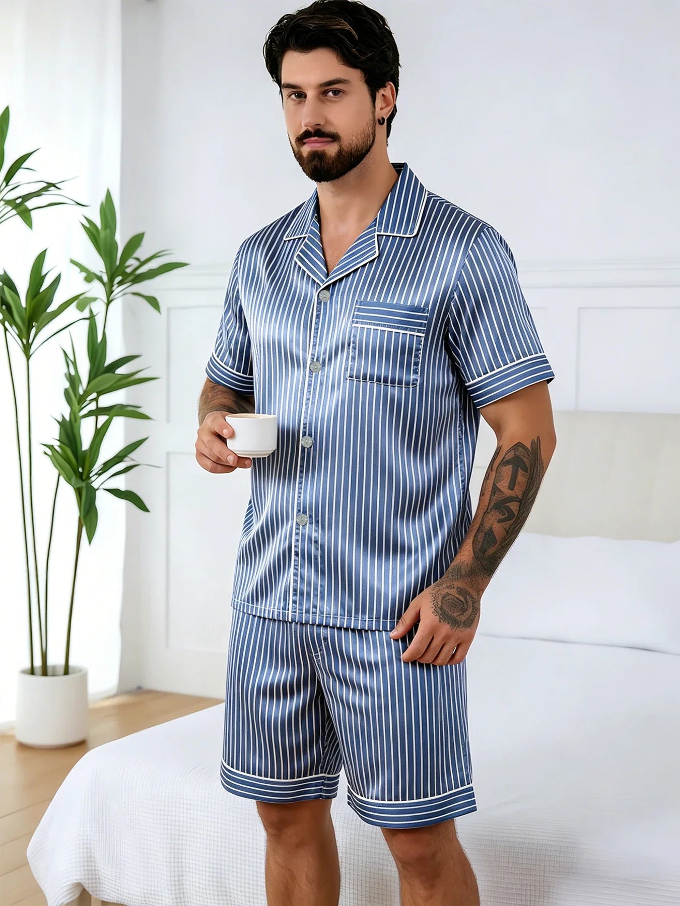 Men's Pj Sets Design Short Sleeve Pajama Set Soft Comfortable Sleepwear for Summer Lightweight Homewear Lougewear