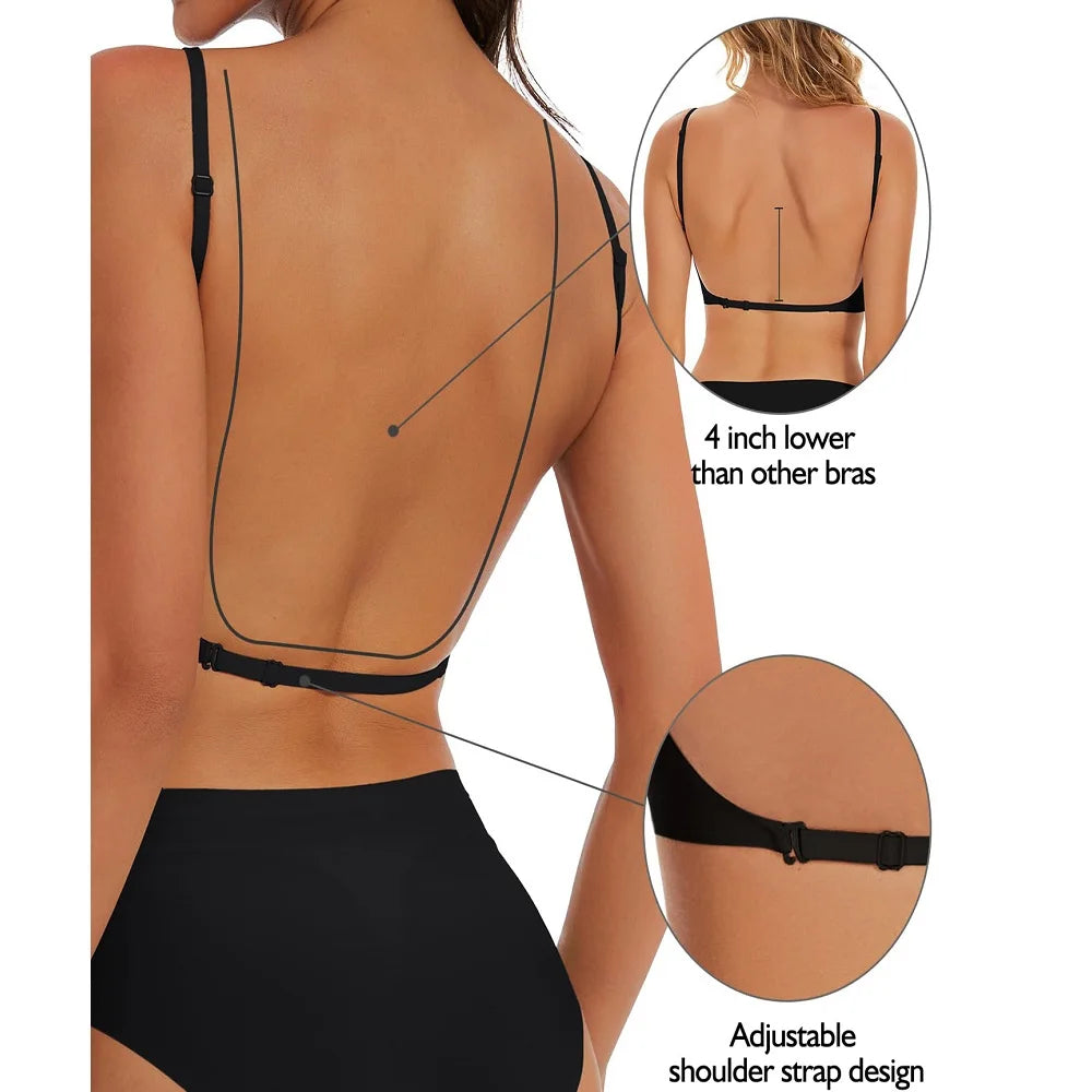 Women Invisible Bra Deep U Plunge Backless Bras Top for Dresses Removeable Padded Push Up Seamless Underwear Bra
