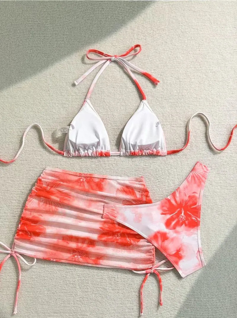 Sexy 3 Piece Bikini Set Women Printed Split Swimsuit Neck Strap Bathing Suit with Cover Up Skirt Swimwear Biquine Brasileiro