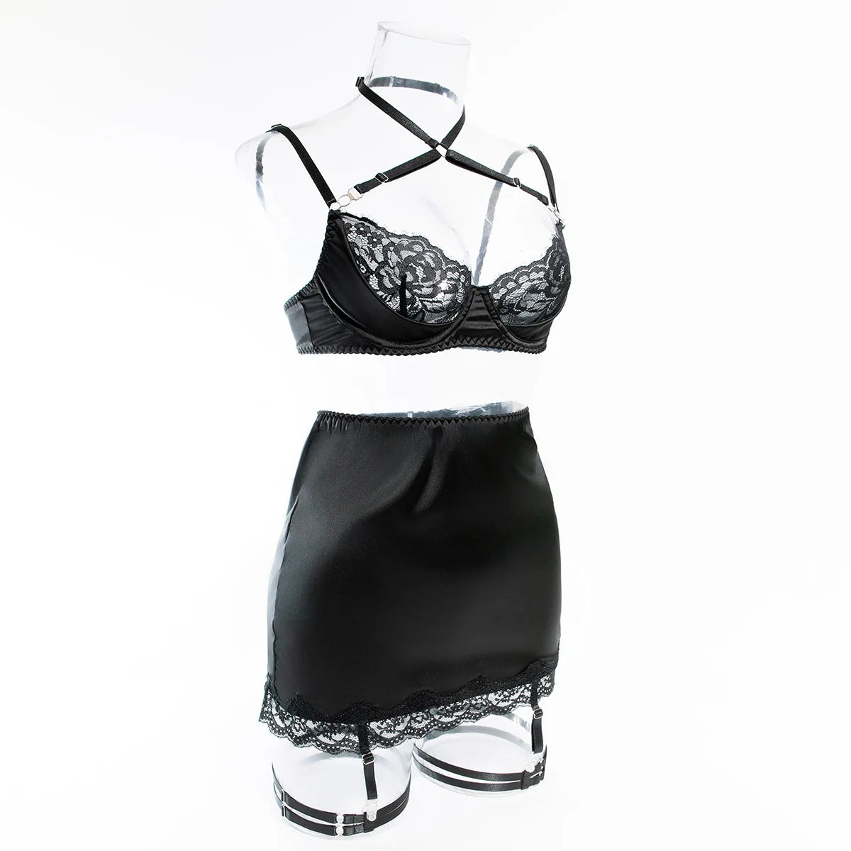 4 Pieces Sexy Lingerie Sets Women Hot Halter Lace Bra and Panty Garters Mini Skirt Set Sissy Erotic Costumes Romantic Underwear