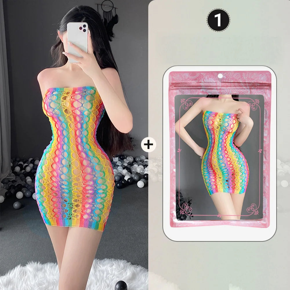 Sexy Lingerie for Women Fishnet Halter Chemise rainbow Hot Mesh Mini Dress Bodysuit through clothes Flirtation Erotic for couple