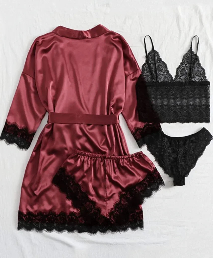 Spring and Autumn Women's Sexy High-quality Lace Camisole Pajamas Soft Comfortable Breathable and Comfortable 4-piece Set