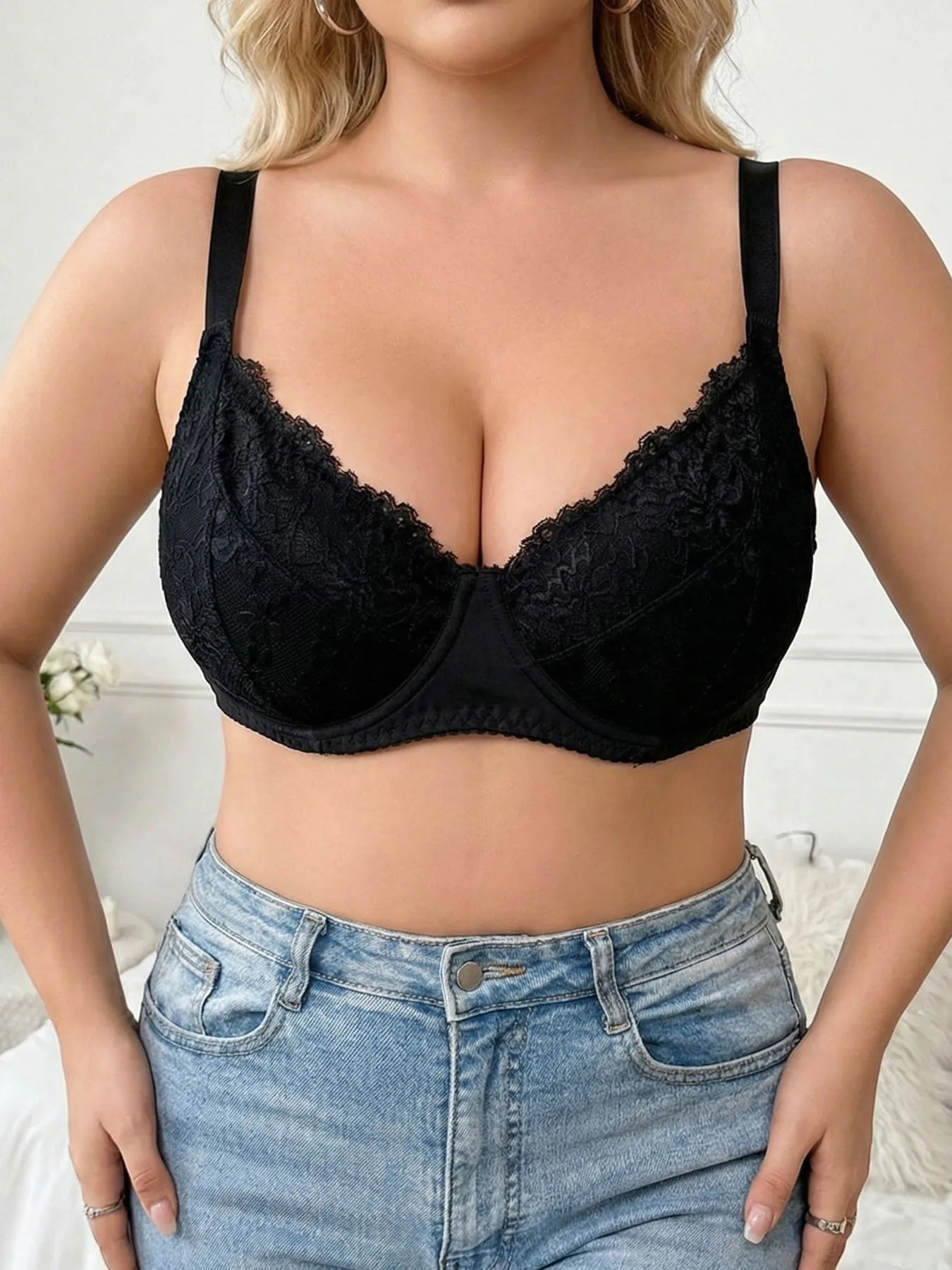 Plus Size Black Lace Underwire Push Up Bra Full Coverage Unlined Minimizer For Large Bust Daily Wear Lingerie For Women