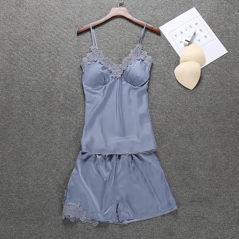 Lace Sleepwear Satin Cami&Shorts Suit Women 2 Pieces Sleep Set Sexy Deep V-Neck Nightwear Thin Home Clothes Lounge Lingerie
