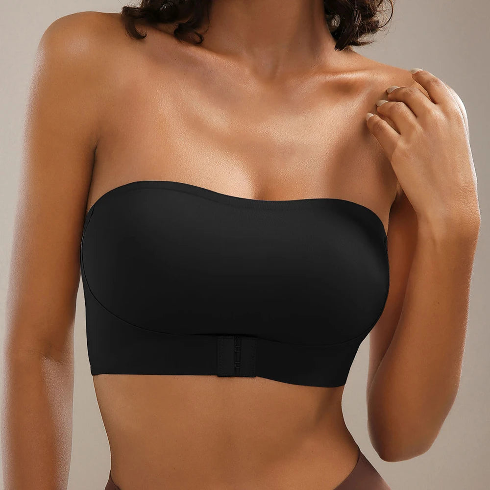 Women's Strapless Push Up Bra Sexy Seamless No Padding Front Button Bra Comfortable Smooth Backless Non Slip Unlied Brassiere