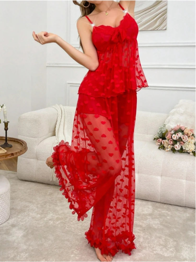 Sexy Ladies Pajama Set 2-piece   Lace Heart Transparent Strappy Bra and Long Pants   Petal Lace Lingerie Set   Sexy Sleepwear
