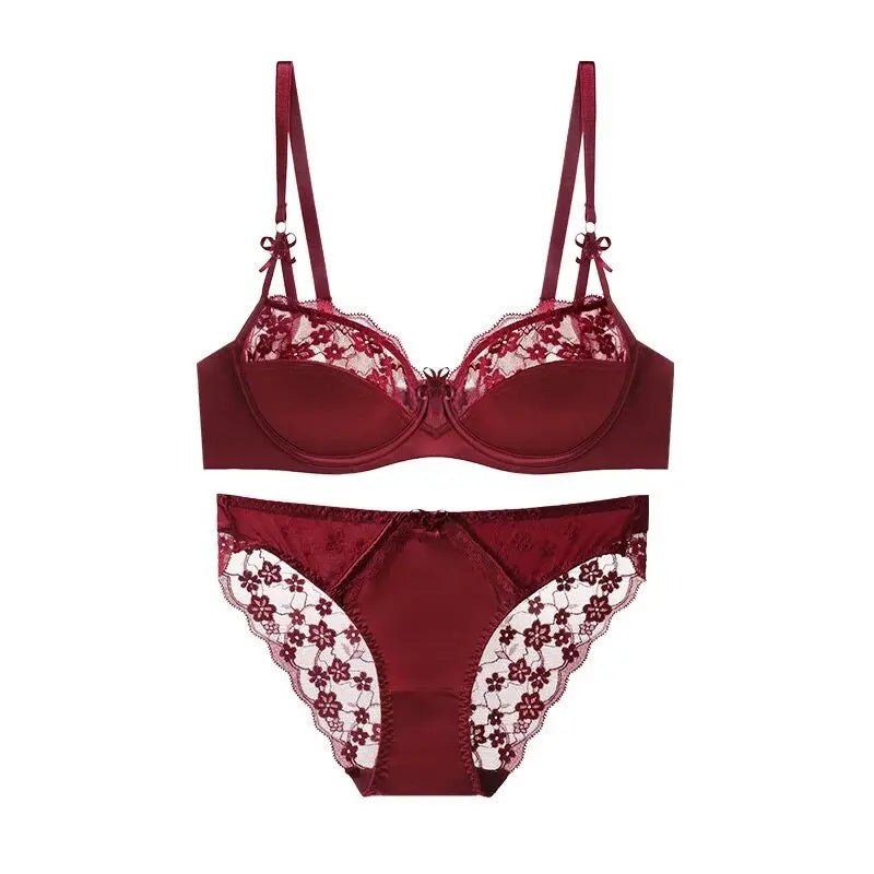 High Quality French Demi Cup Bra Set Soft Lace Thin Lightweight Side Support Anti Sagging Comfort Everyday Wear 32-38AB Bra Suit