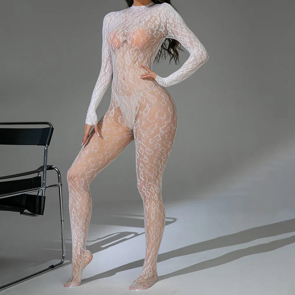 Sexy Teddies Bodysuit Fashionable Flower Print Elasticity Fetish Open Crotch Sexy lingerie Body Full Stocking Erotic Lingerie Co