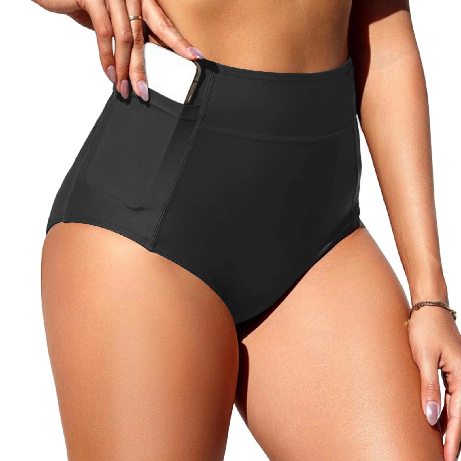 Women's High Waist Swimming Bottoms, Vintage Basic Bikini, Full Coverage Split Swimsuit Briefs, Swimming Trunk with Pockets