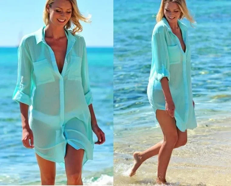 Sexy Beach Cover Up Women Bikini Pocket Swimsuit Cover Up Hollow Out T-shirt White Bathing Suit Cover-Ups Tunics Beachwear Robe