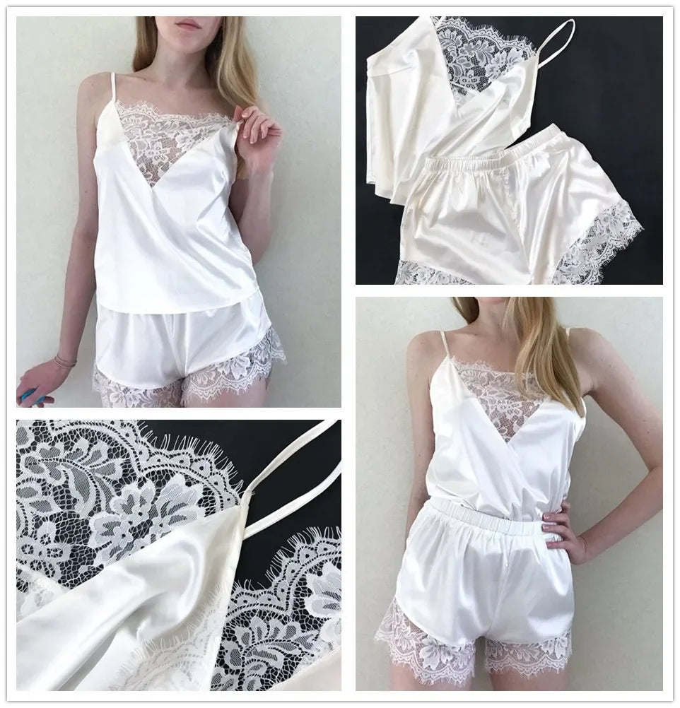 2025 New Fashionable and Comfortable Lace Pajama Set for Women's Home Clothes Strap Top Shorts Two Piece Set