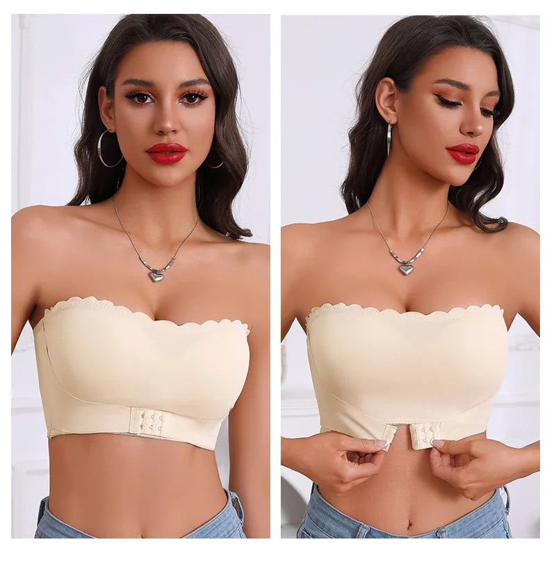 Women's Strapless Front Closure Bra Wireless Bandeau Non-slip Underwear Wavy Edge Chest Wraps Padded Push Up Tube Top Bralette