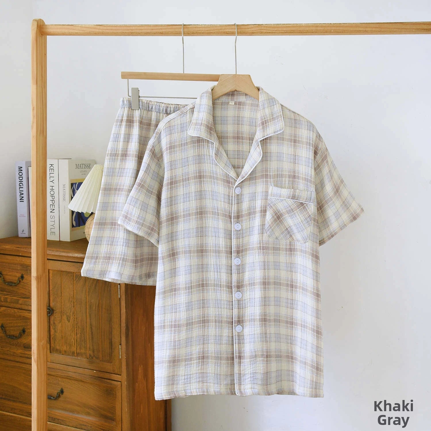 Men's 2-Piece Pajama Set - Japanese Plaid Sleepwear, Cotton Gauze Short Sleeve & Shorts, Lightweight & Breathable Relaxed Fit, S
