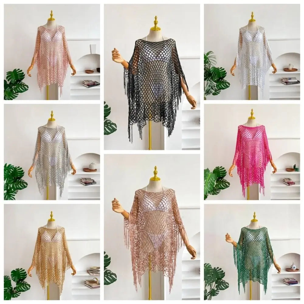 Fashion Tassel Sunscreen Cover-up Loose Fit Plus Size Bohemian Shawl Casual Crochet Fishnet Swimsuit Cover Up Summer