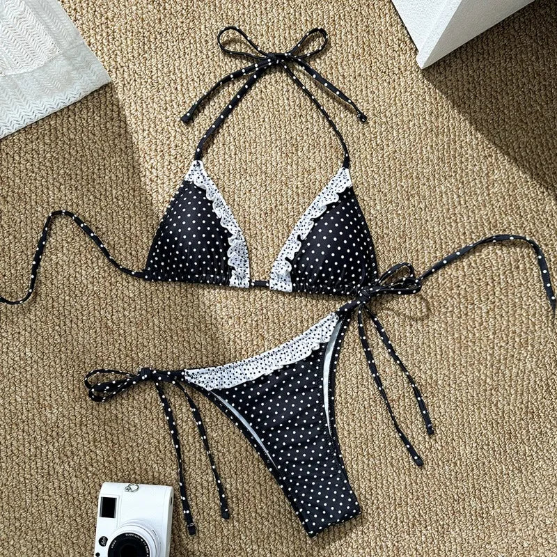 Bikini Swimsuit Women 2026 Cute Sexy with Tie Straps Small Chest Gathering Polka Dot Two-piece Triangle Swimsuit Vacation Spring