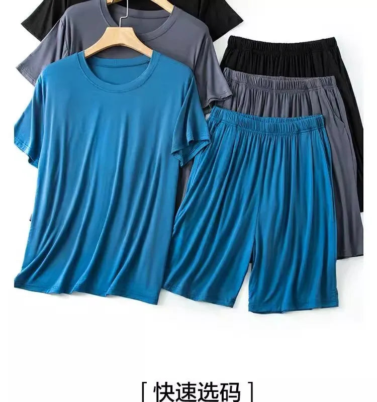 Modal Pajama Set Men's Round Neck Pajama Set for Summer Casual Wear Solid Color Loose Short Sleeved Shorts Two-piece Set Male
