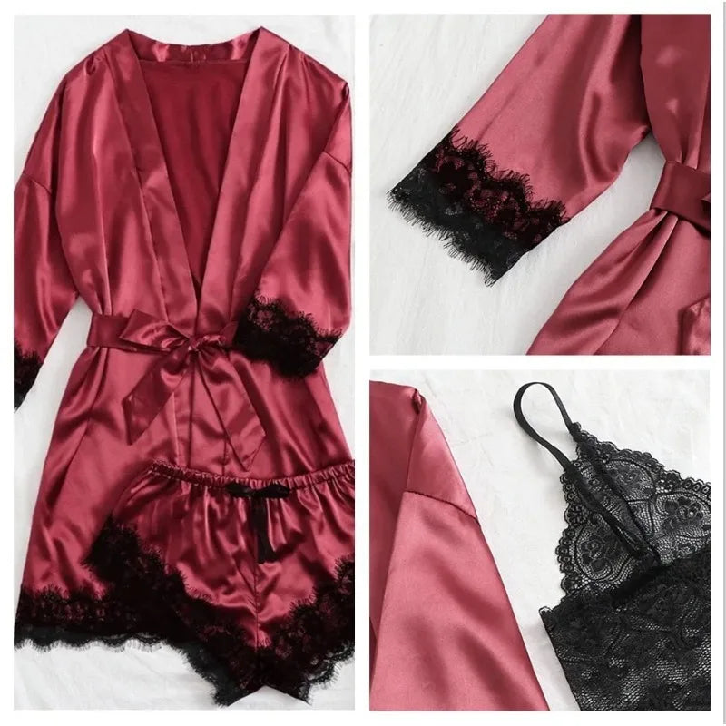 4PCS Satin Pajama Set with Robe - Lace Trim Cami Top & Shorts, The Viral Must-Have Elegant Loungewear for Women's Sleepwear