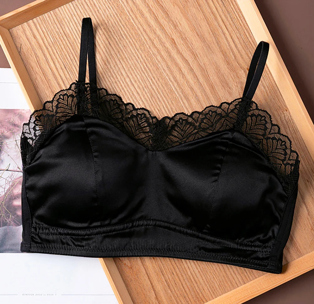 Lace Bralette Bra for Women 19 Momme Mulberry Silk No Underwire Wireless Full Coverage Lightly Lined Adjustable Skinny Strap