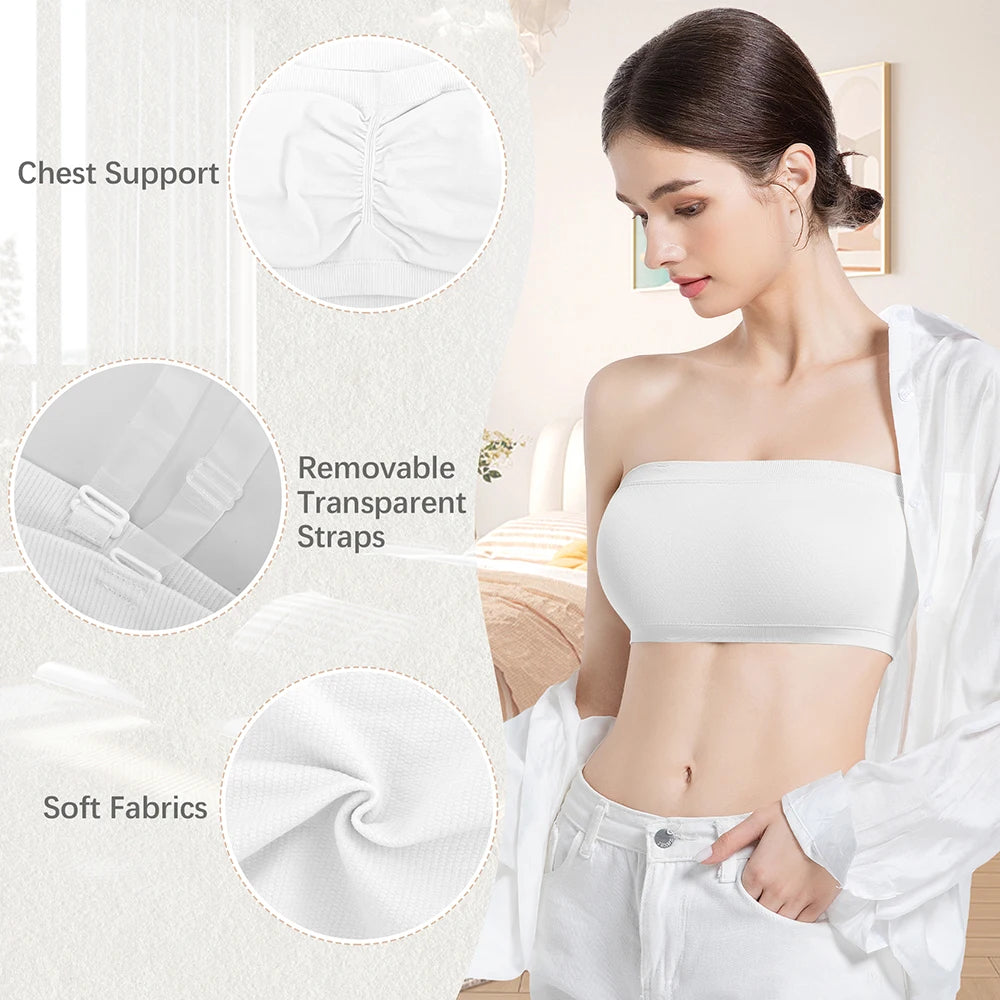 Women Tube Strapless Bra Chest Wrap Bandeau Unlined Seamless Breathable Comfortable Underwear Tops with Clear Straps