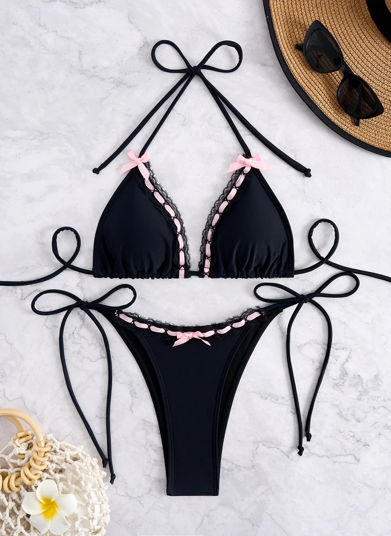 European and American Women's Separate Lace Trim Sexy Tie Bow Bikini