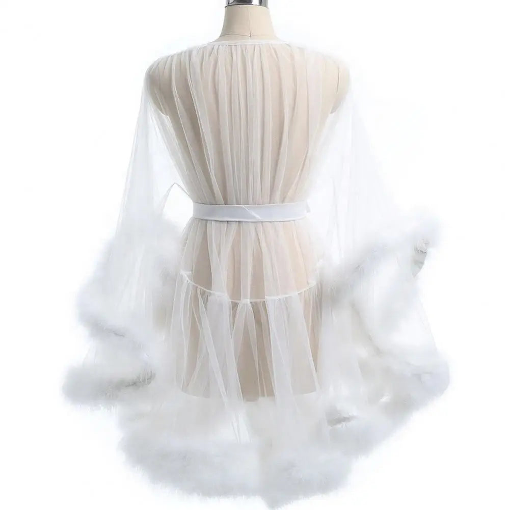 Female Sheer Shapewear Robes Fashoin Long Sleeve Plush Spliced Thin Lingerie Women Lace Up Erotic Midi Long Sexy Robes