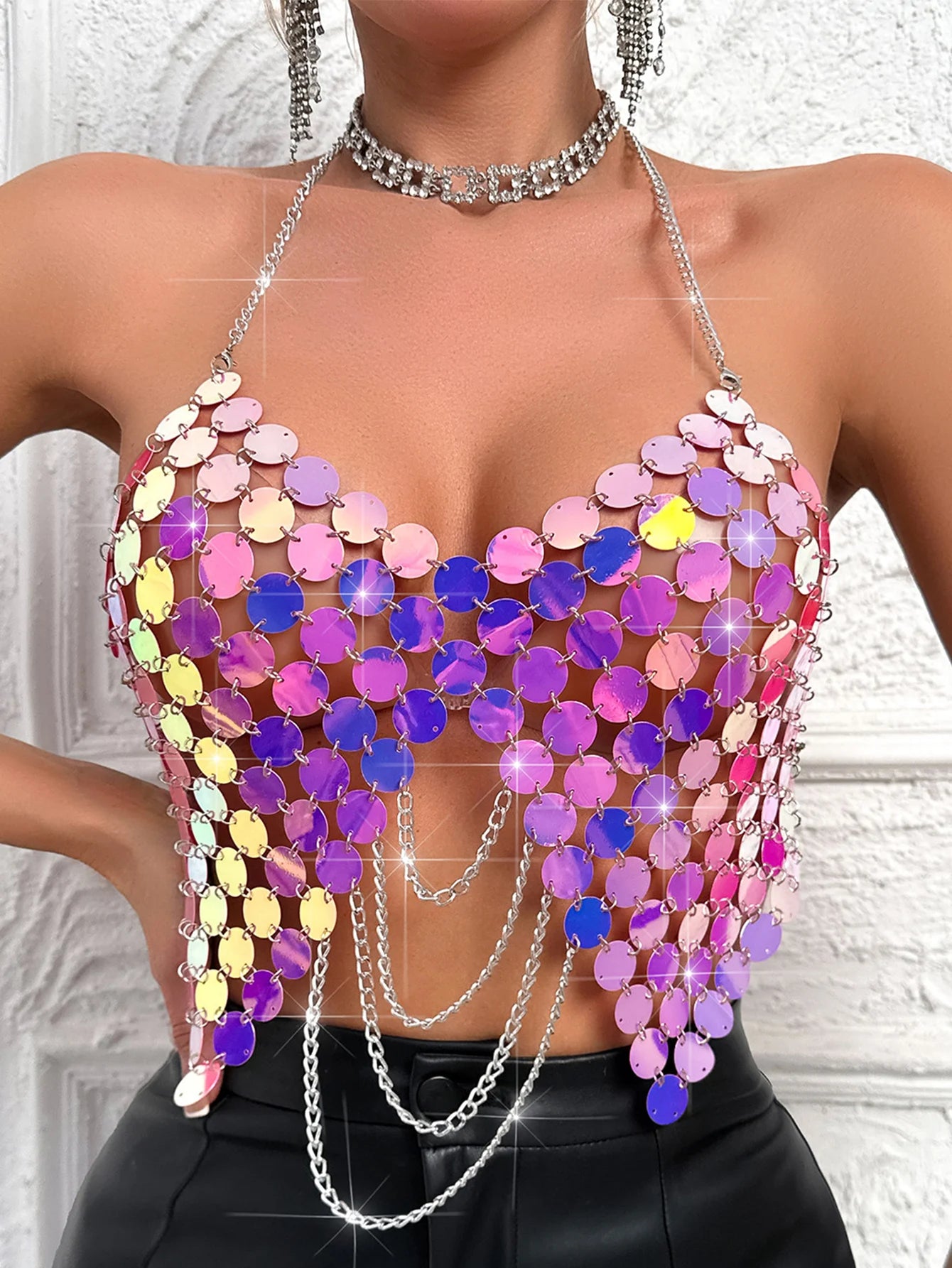 Sexy see through metal sequin corset crop top womens summer beach party halter tank top rave festival outfits cropped y2k Tops