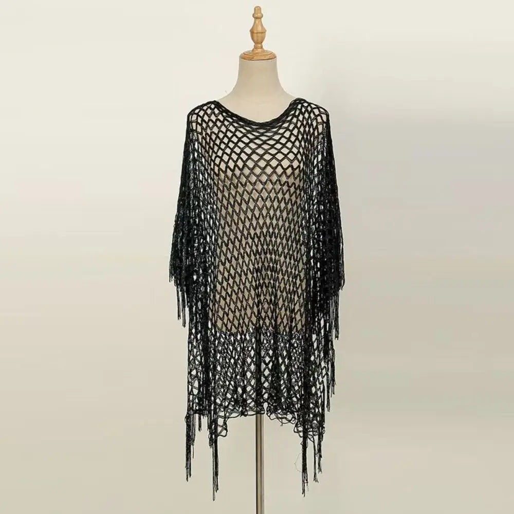 Fashion Tassel Sunscreen Cover-up Loose Fit Plus Size Bohemian Shawl Casual Crochet Fishnet Swimsuit Cover Up Summer