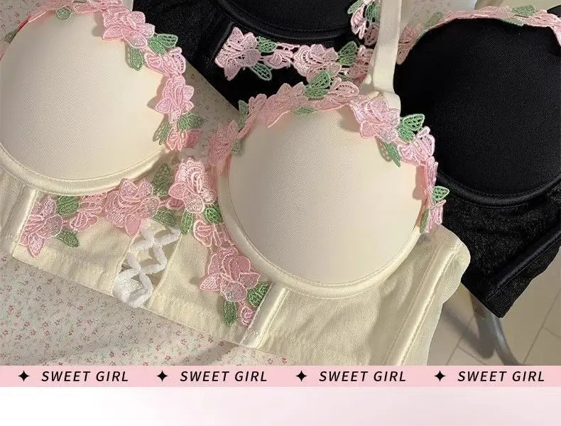 New French Retro Sexy Lace Sweet Floral Embroidery Bra Push-up Bra