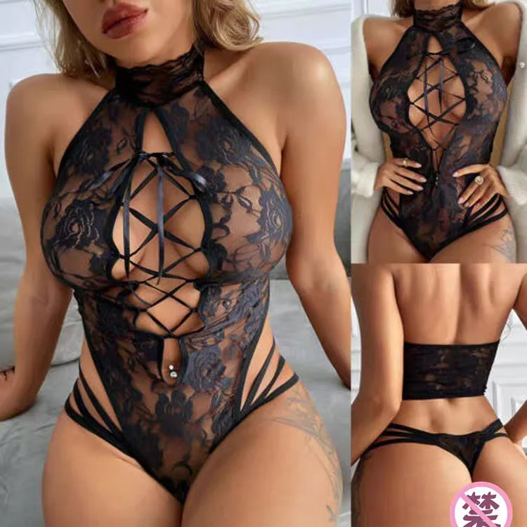 Libertinage Women's Sexy Bandage Lingerie Lace Hollow Bodysuit Open Crotch Teddy Babydoll Dress Erotic Pajamas Underwear Set