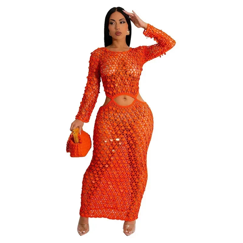 Sexy Party Dresses Sequined Crochet Knitted Beach Dress for Women Summer See-through Cover Up Bodycon Maxi Dress Vacation Club