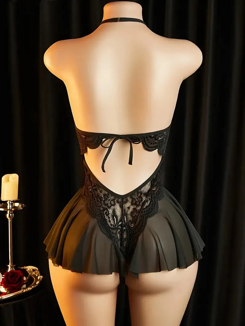 Red Hanging Neck Lingerie Adult Erotic Costume Deep V Bra Crotchless Woman Underwear Sex Night Open Dress Bodysuit Sexy Jumpsuit
