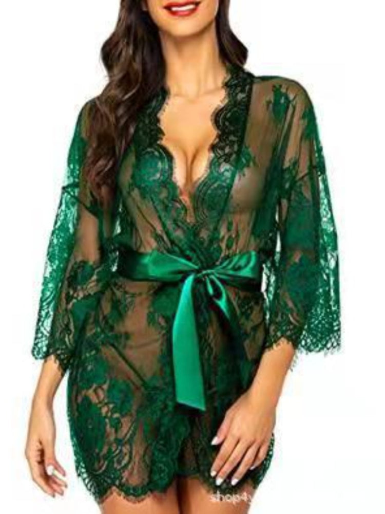 Plus Size Women Sexy Lingerie Robe  Porno Sleepwear Nightgown Lace See Through Dress Transparent Babydoll Erotic Nightwear Set